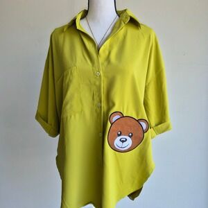 New Fashion Button Down Blouse Women Large Kidcore‎ Teddy Bear Kawaii Harajuku